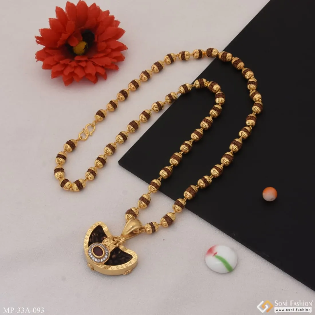 1 Gram Gold Plated Gorgeous Design Rudraksha Mala With Pendant For Men - Style A093
