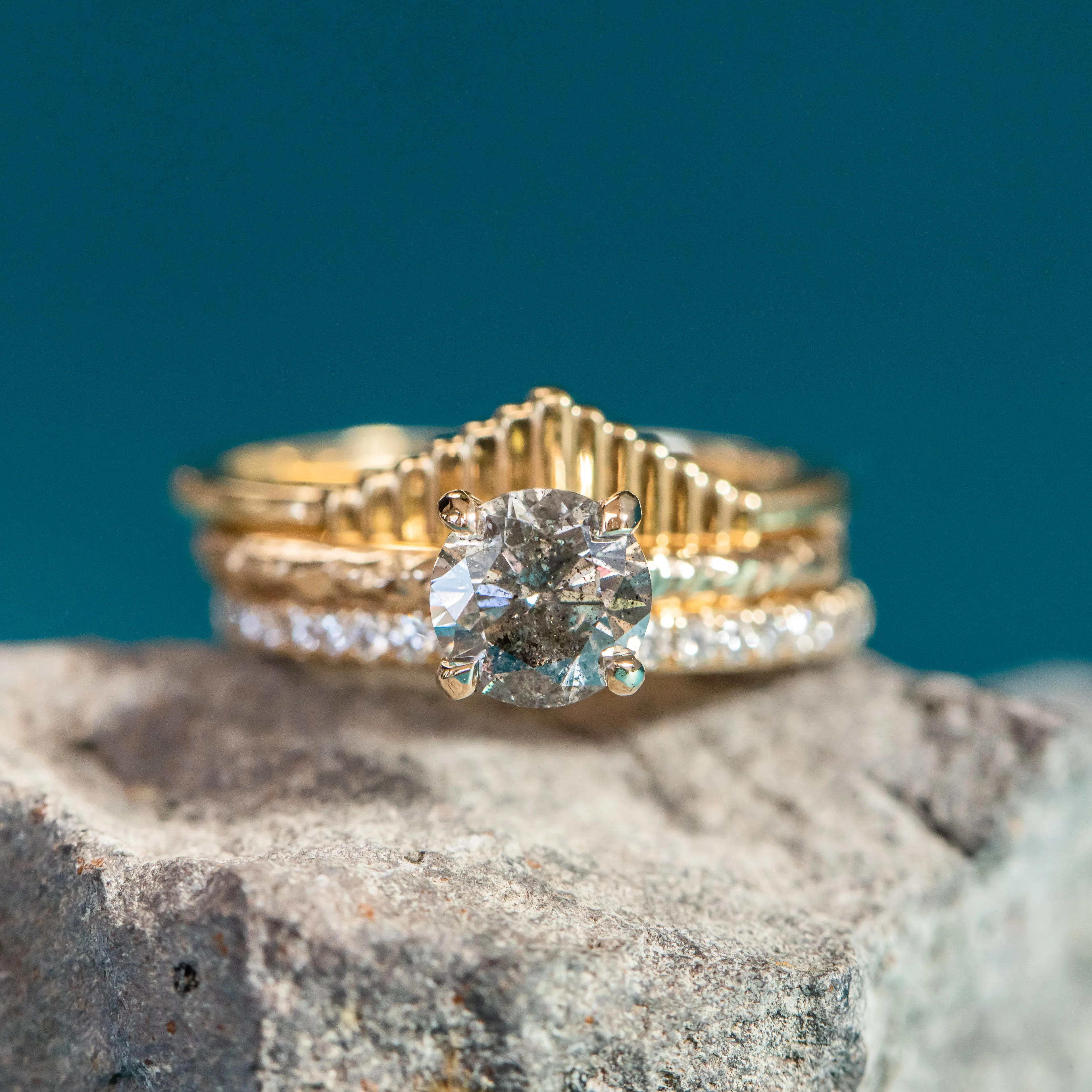 1.09ct Round Salt and Pepper Diamond Evergreen Solitaire in 14k Yellow Gold