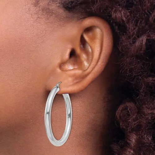10k White Gold Polish 4MM x 40MM Tube Hoop Earring