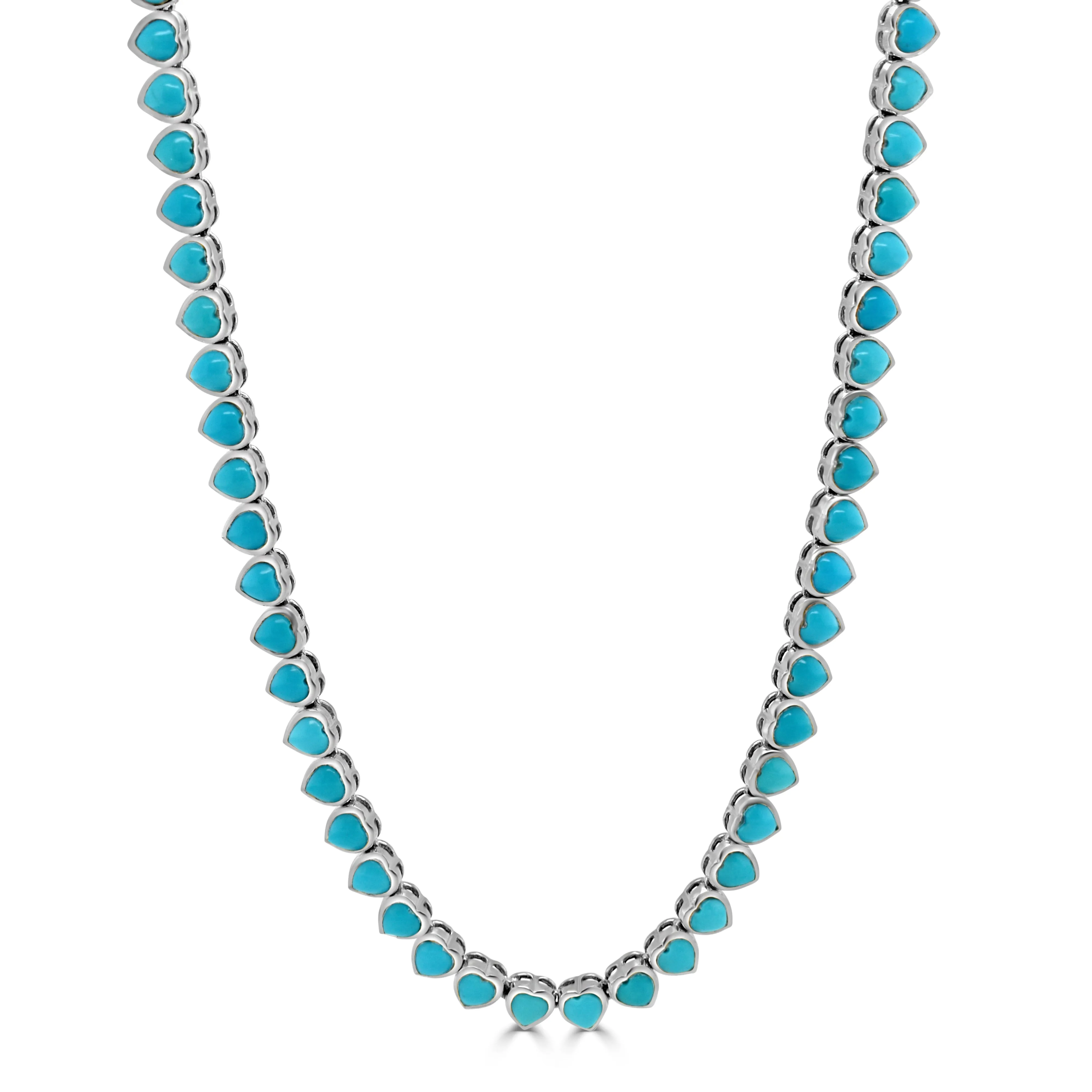 14K Gold & Heart-Shape Turquoise Tennis Necklace - 13.60ct