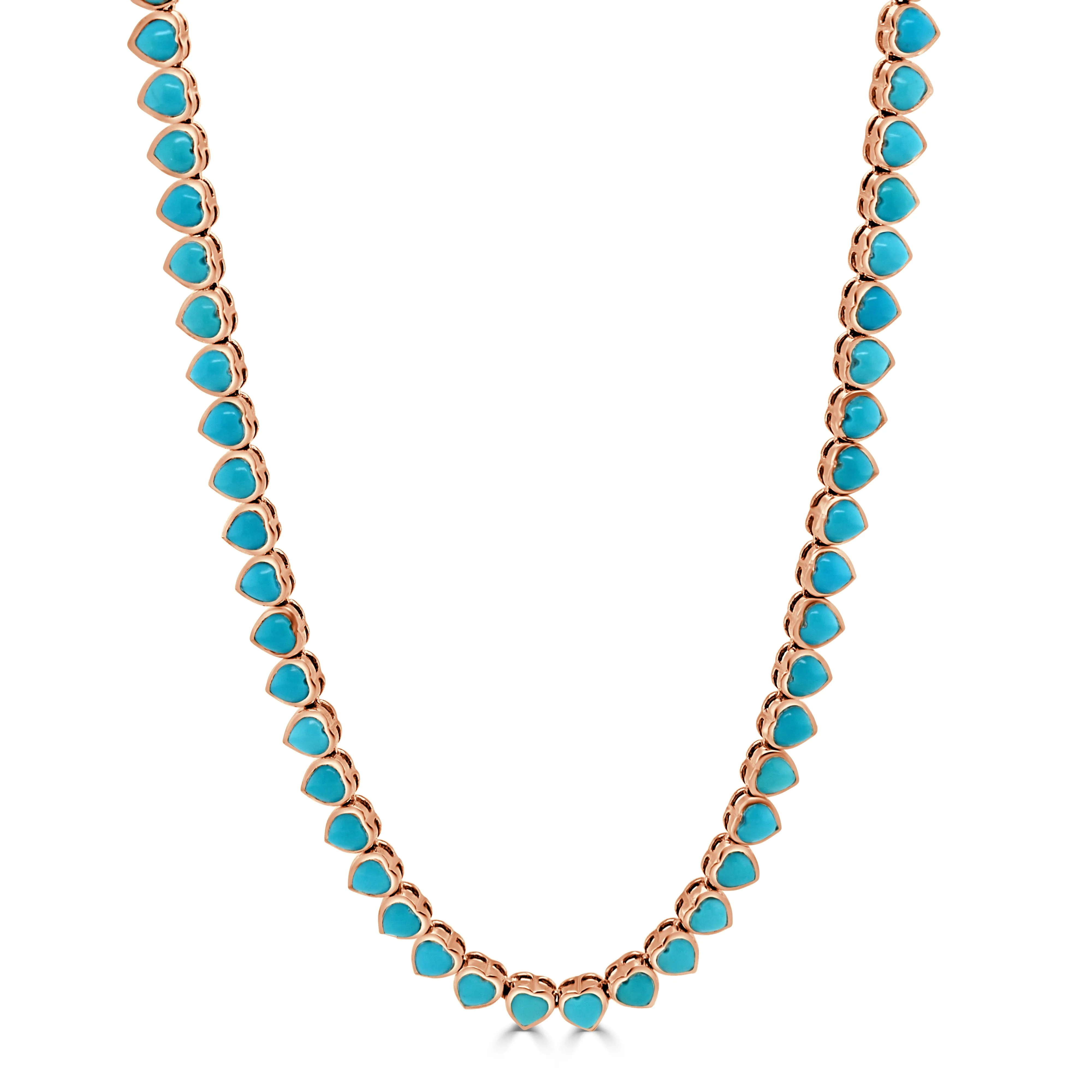 14K Gold & Heart-Shape Turquoise Tennis Necklace - 13.60ct