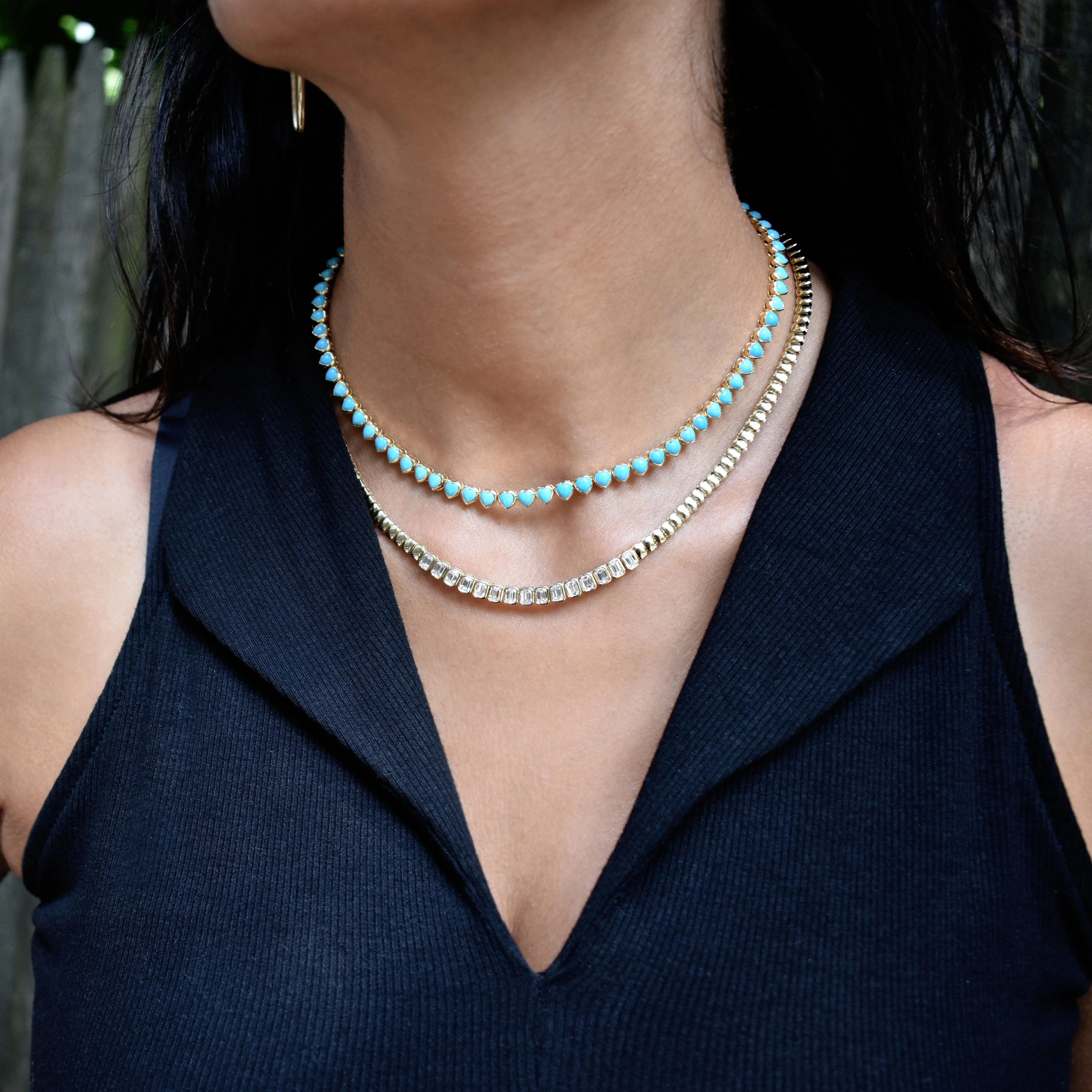 14K Gold & Heart-Shape Turquoise Tennis Necklace - 13.60ct