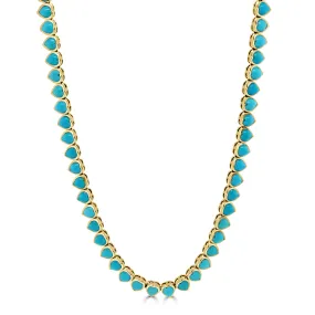 14K Gold & Heart-Shape Turquoise Tennis Necklace - 13.60ct
