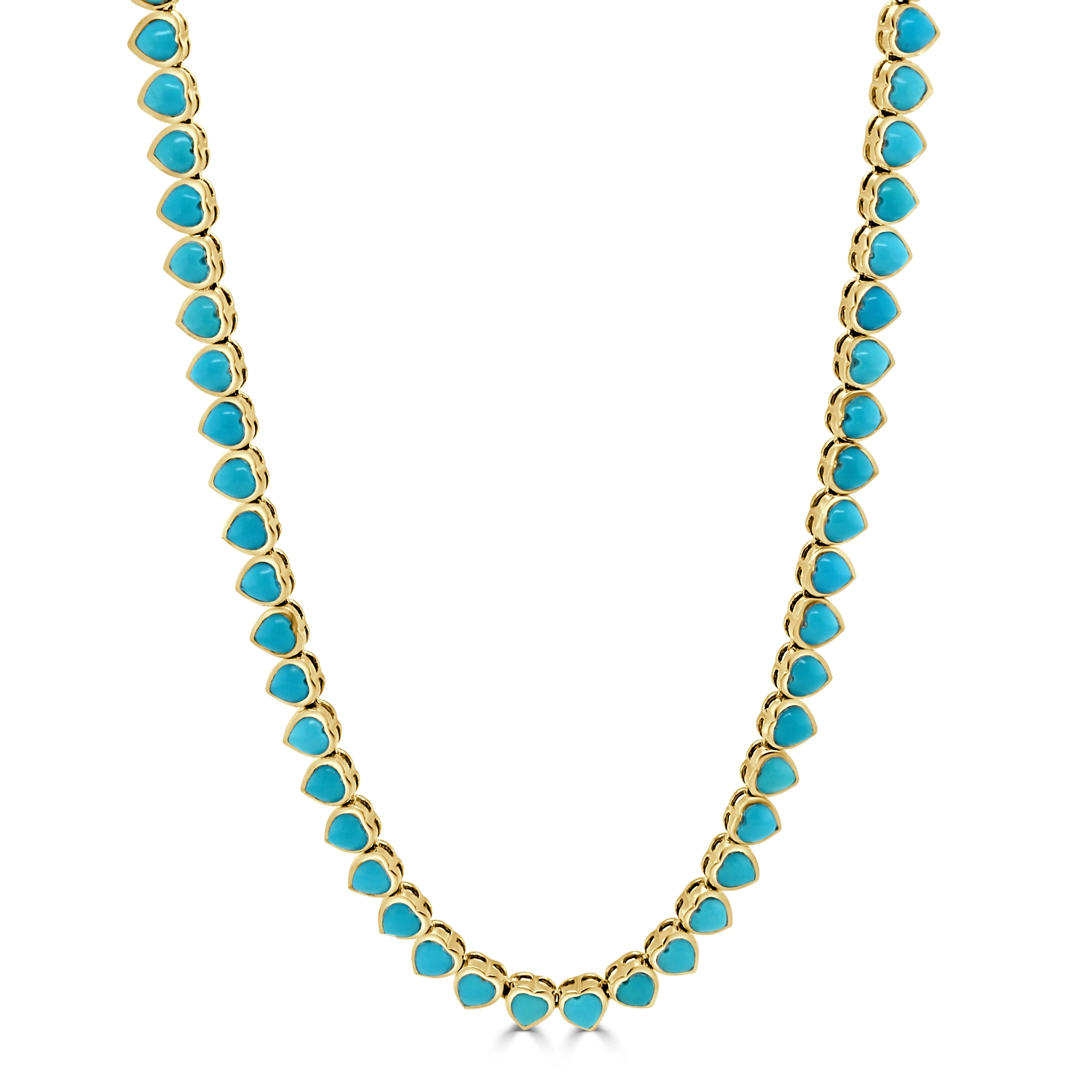 14K Gold & Heart-Shape Turquoise Tennis Necklace - 13.60ct