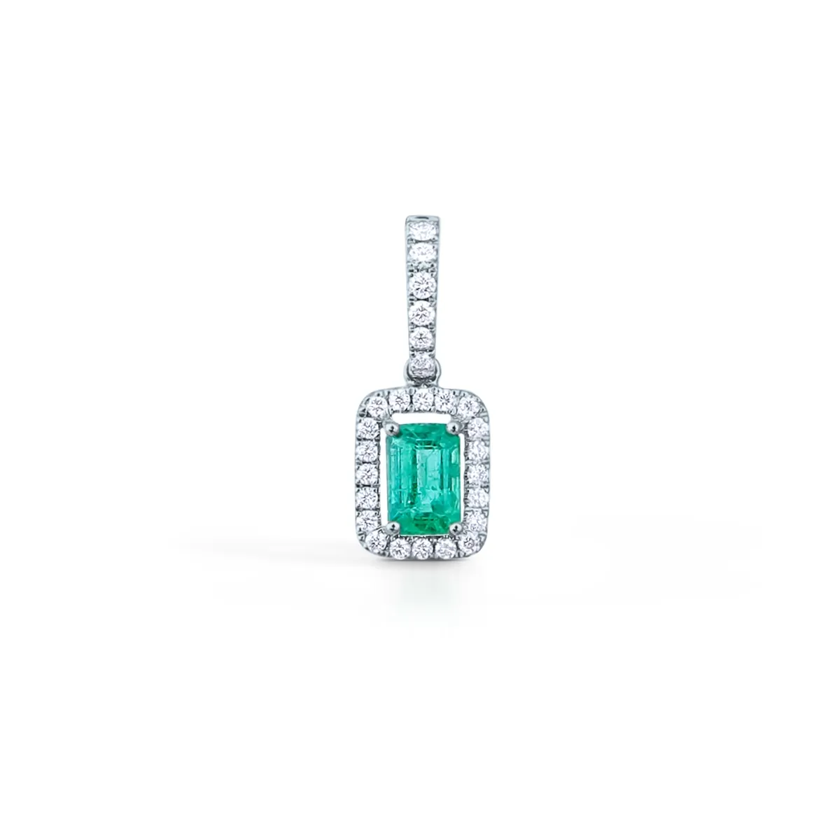 14K White Gold Emerald Cut Emerald Pendant with Diamond Halo