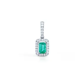 14K White Gold Emerald Cut Emerald Pendant with Diamond Halo