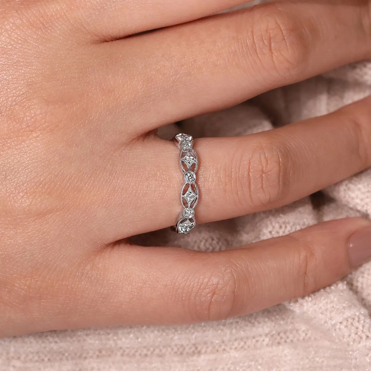 14K White Gold Intricate Cutout Stackable Diamond Ring - LR4648W45JJ