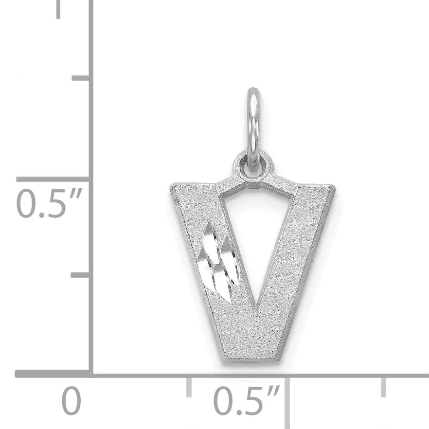 14k White Gold Satin Diamond Cut Finish Letter V Initial Pendant