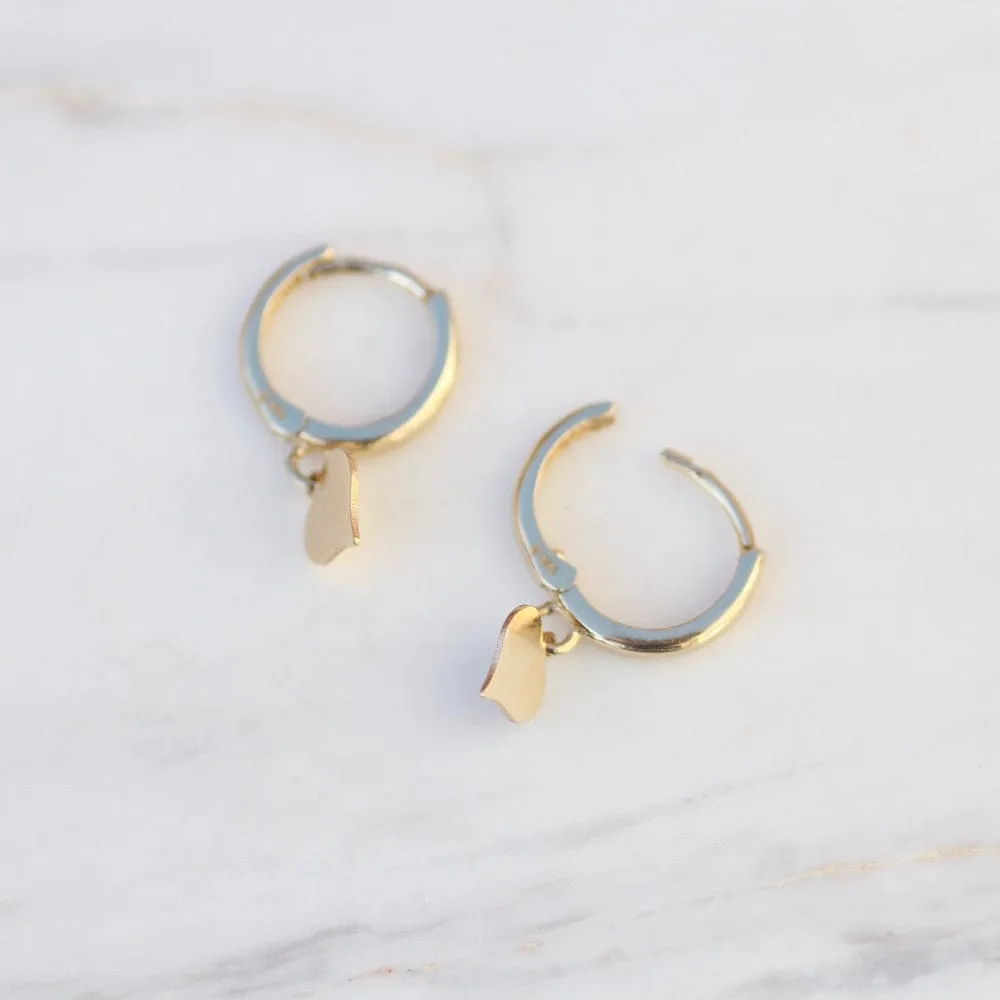 14K Yellow Gold Huggie Hoop With Heart Drop