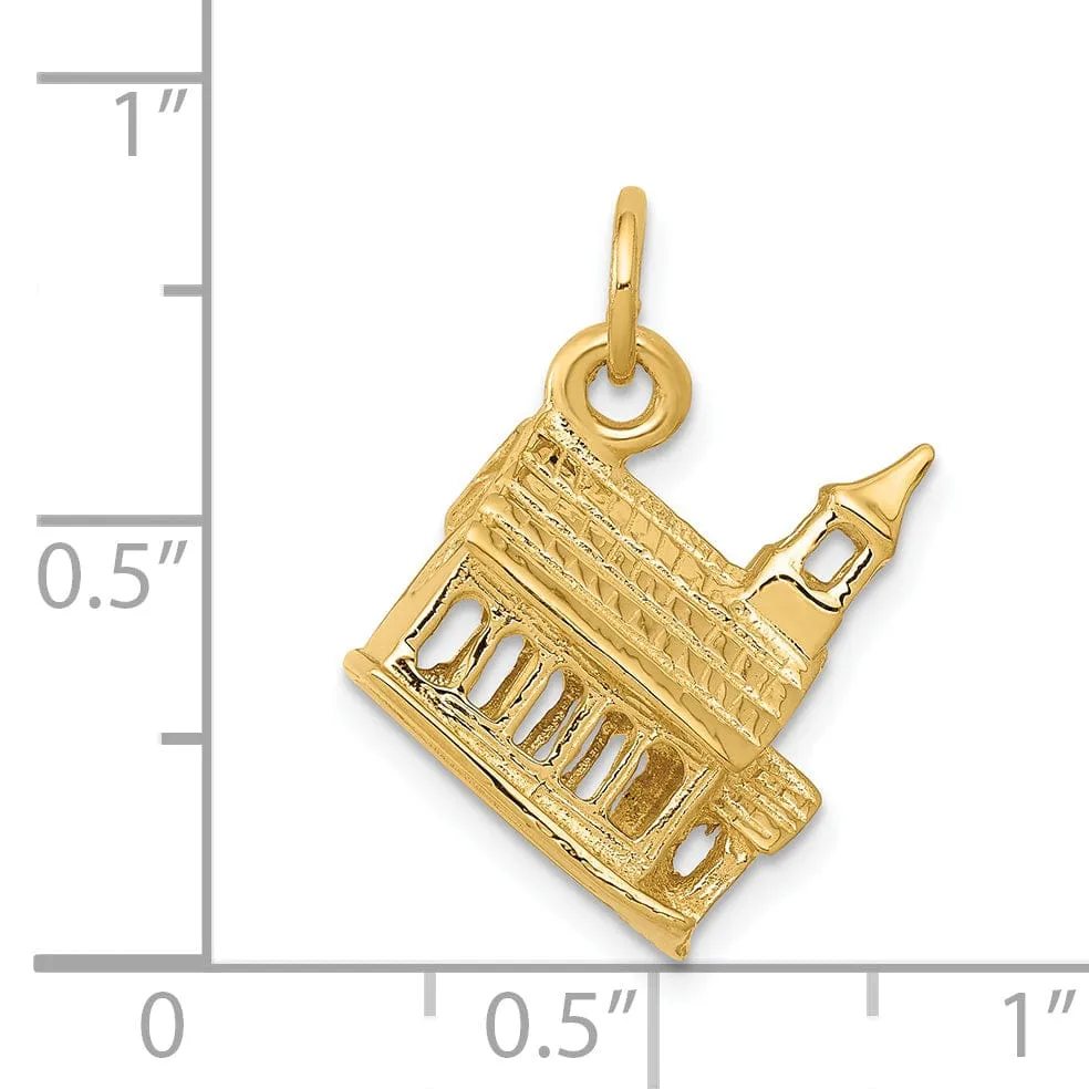 14k Yellow Gold Polish Finish 3D Church Building with Steeple Pendant