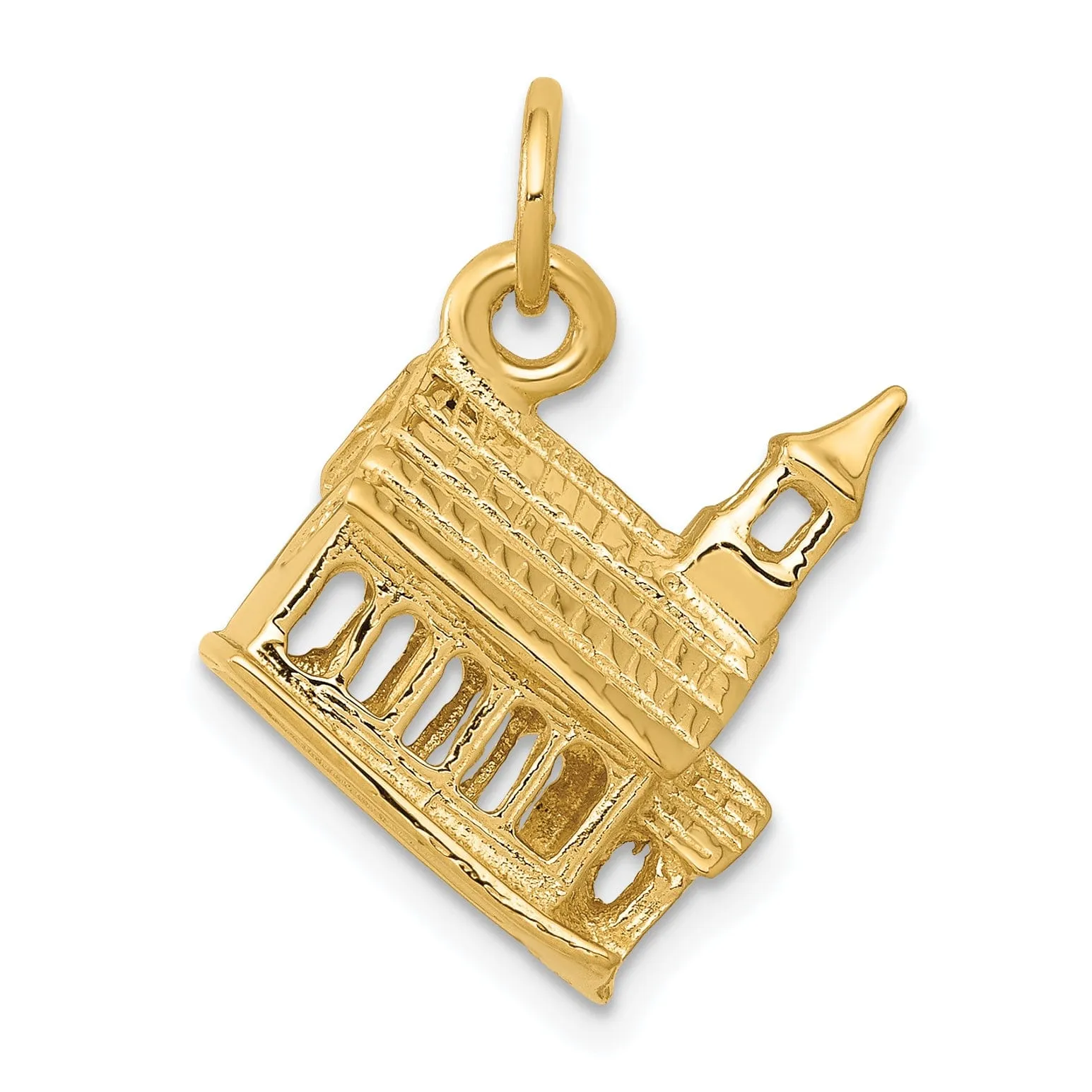 14k Yellow Gold Polish Finish 3D Church Building with Steeple Pendant