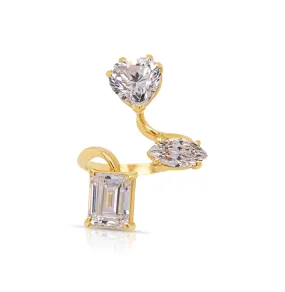 14K Yellow Gold White Heart, Marquise and Emerald Cut Gemstones Adjustable Ring