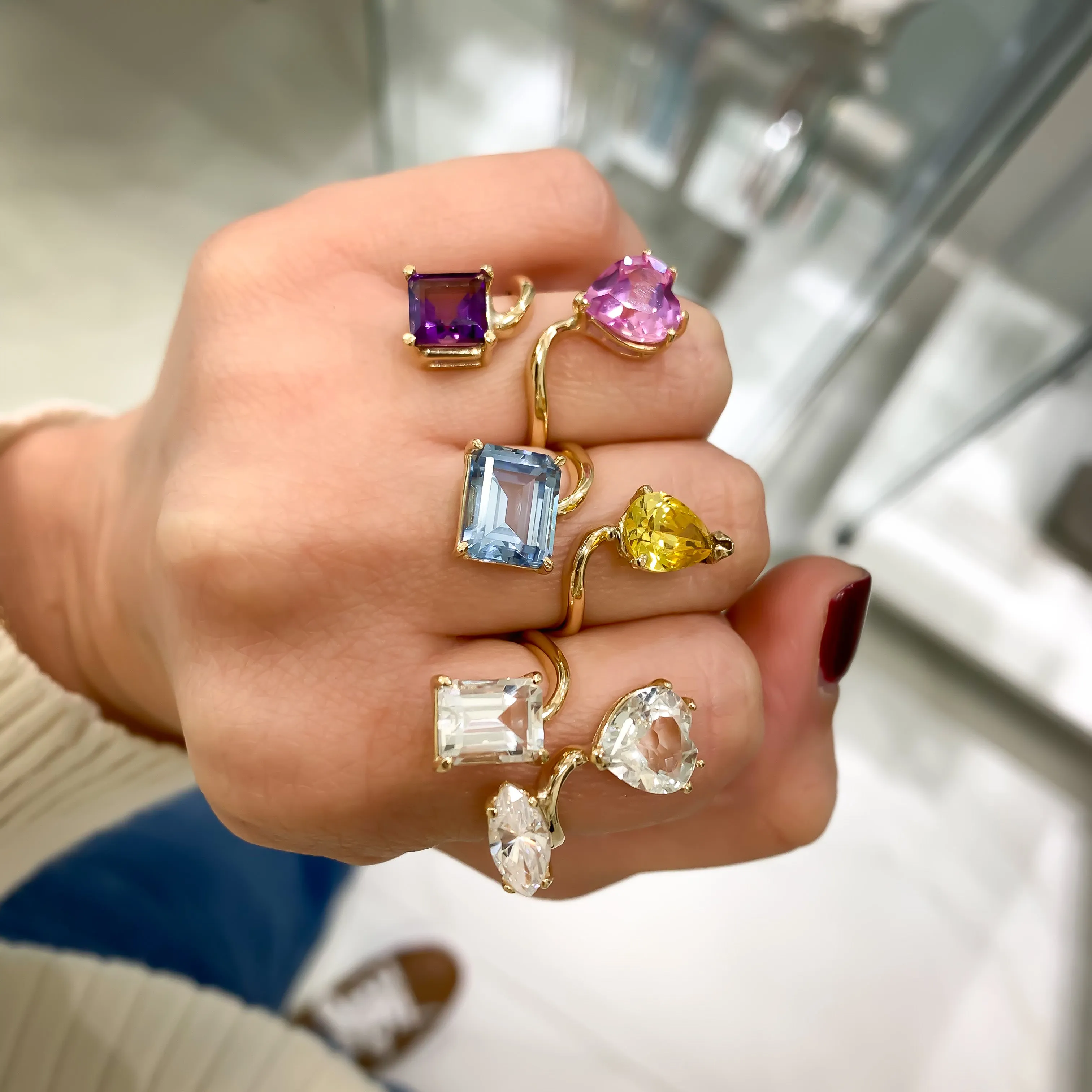 14K Yellow Gold White Heart, Marquise and Emerald Cut Gemstones Adjustable Ring