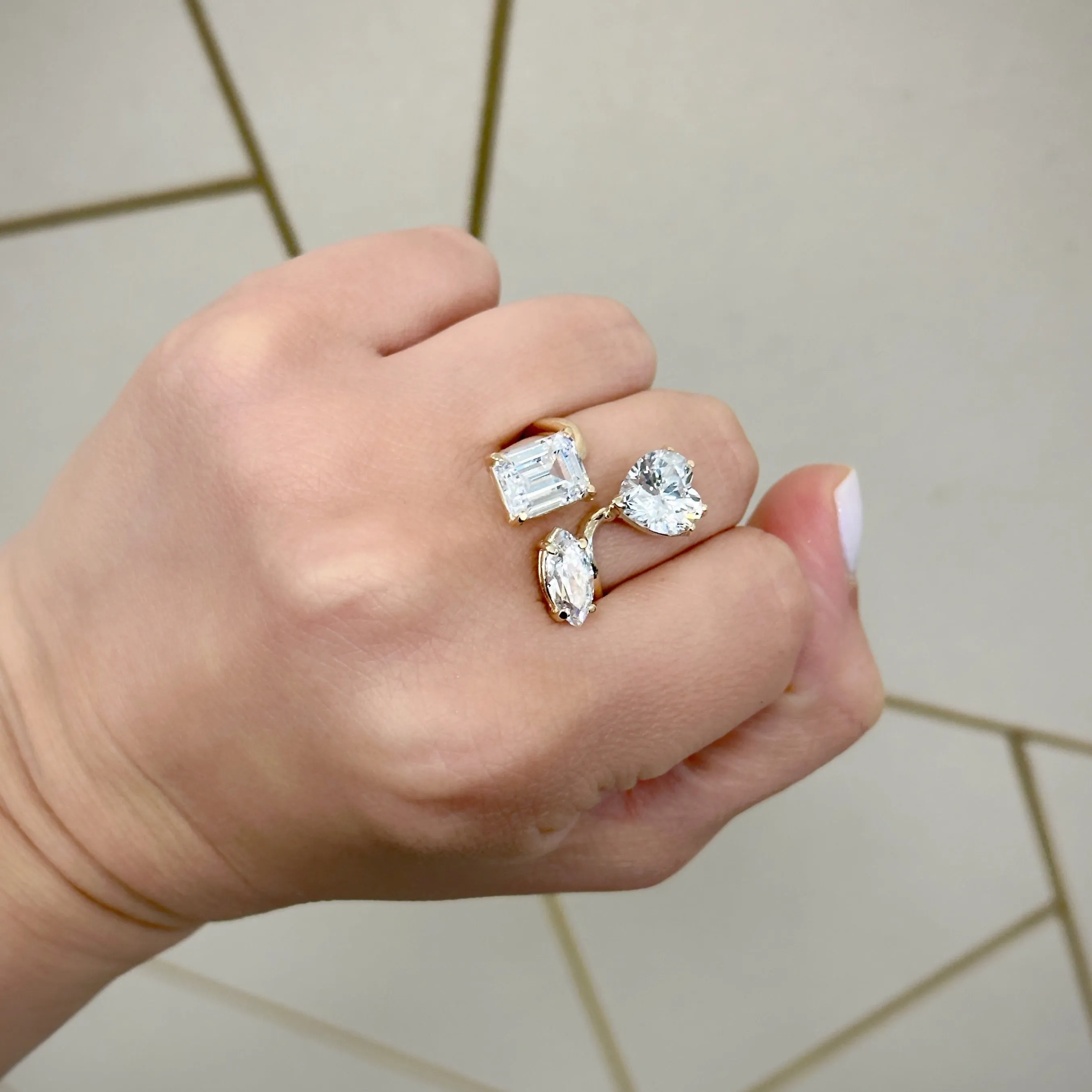 14K Yellow Gold White Heart, Marquise and Emerald Cut Gemstones Adjustable Ring