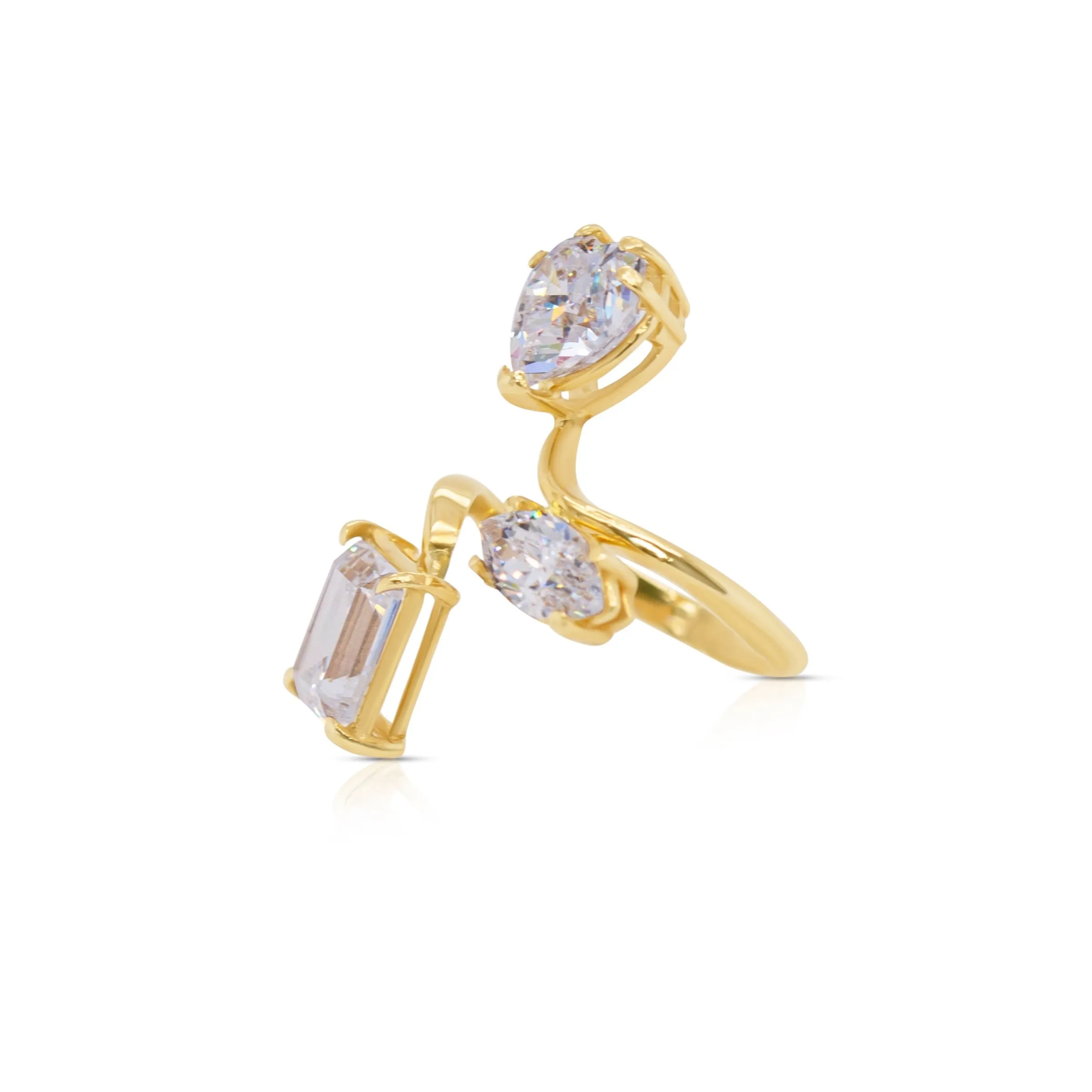 14K Yellow Gold White Heart, Marquise and Emerald Cut Gemstones Adjustable Ring