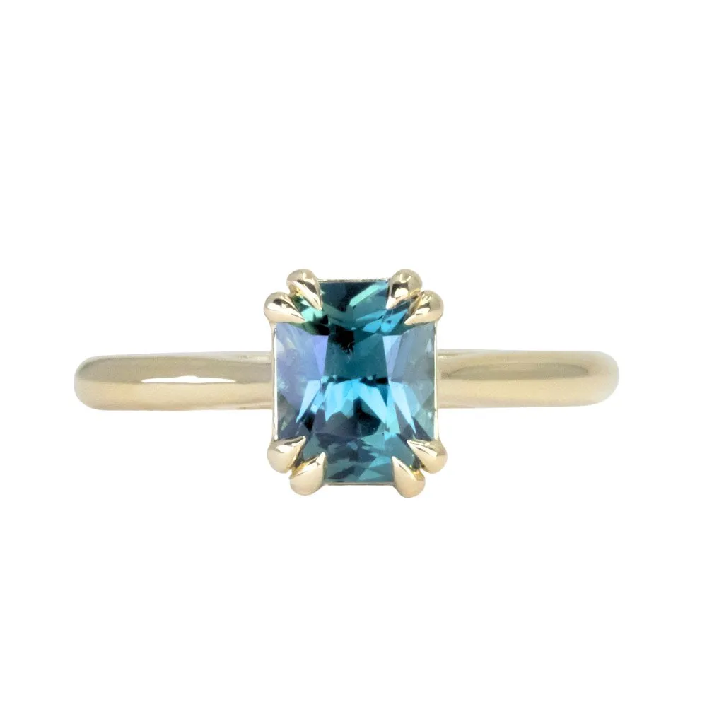 1.68ct Radiant Cut Ocean Blue Teal Sapphire Cathedral Double Prong Solitaire in 18k Yellow Gold