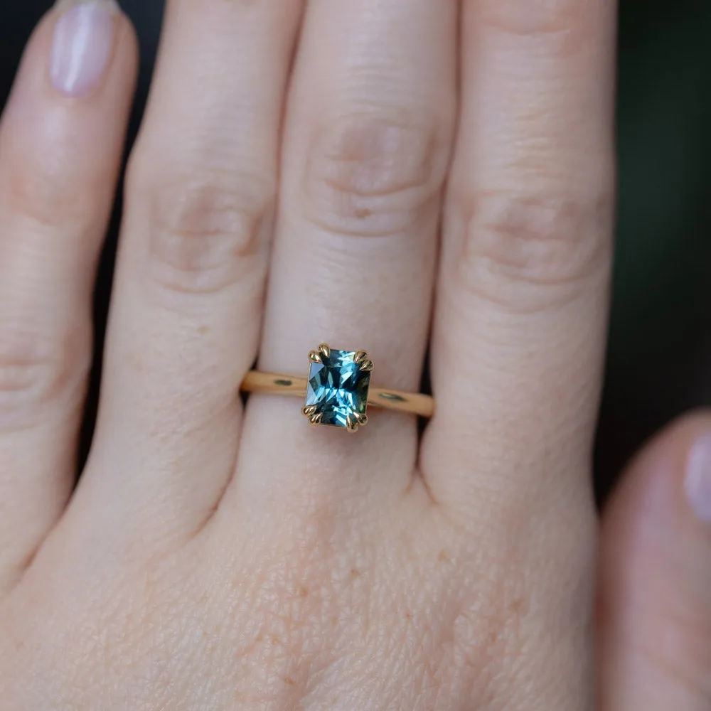 1.68ct Radiant Cut Ocean Blue Teal Sapphire Cathedral Double Prong Solitaire in 18k Yellow Gold
