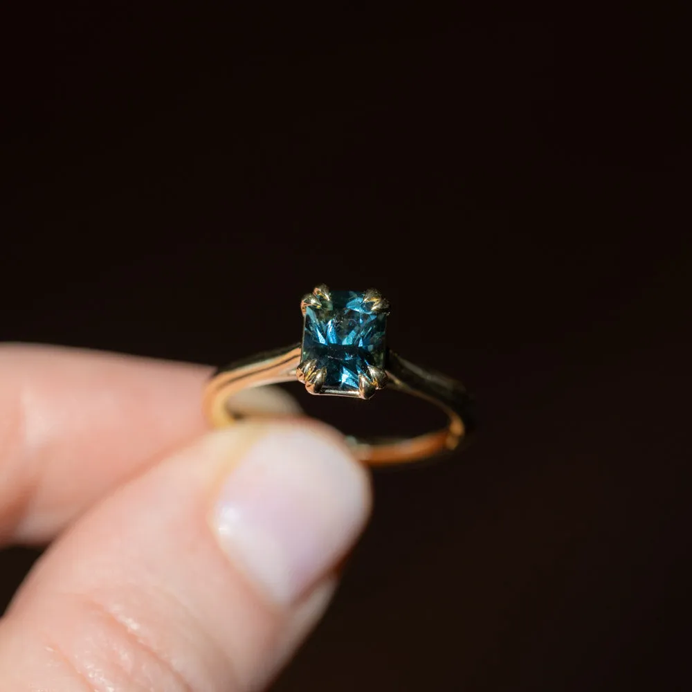 1.68ct Radiant Cut Ocean Blue Teal Sapphire Cathedral Double Prong Solitaire in 18k Yellow Gold