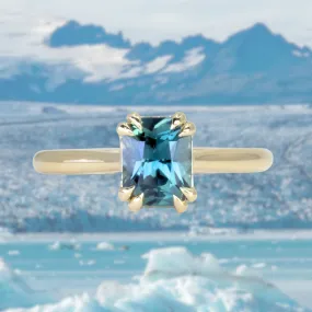 1.68ct Radiant Cut Ocean Blue Teal Sapphire Cathedral Double Prong Solitaire in 18k Yellow Gold