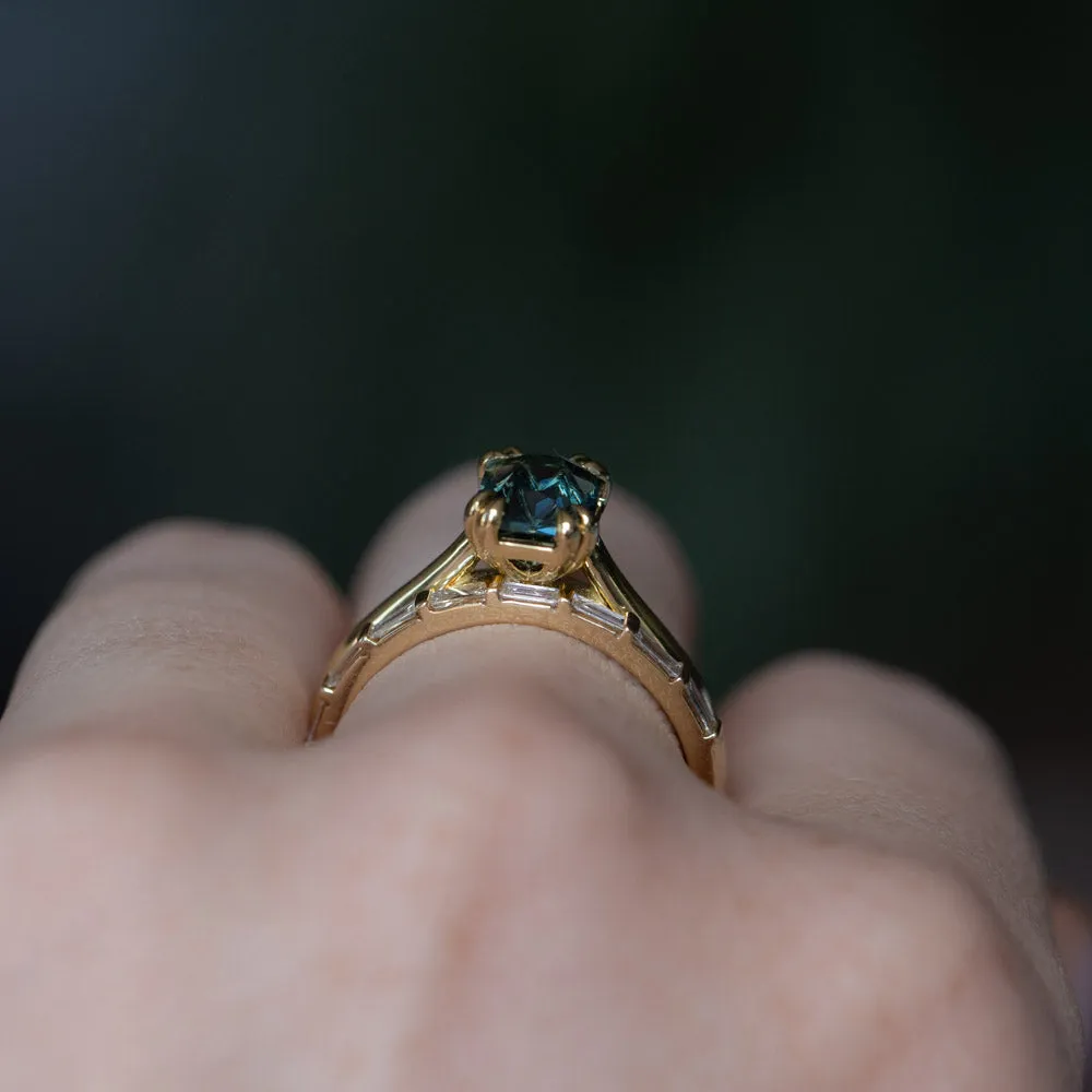 1.68ct Radiant Cut Ocean Blue Teal Sapphire Cathedral Double Prong Solitaire in 18k Yellow Gold