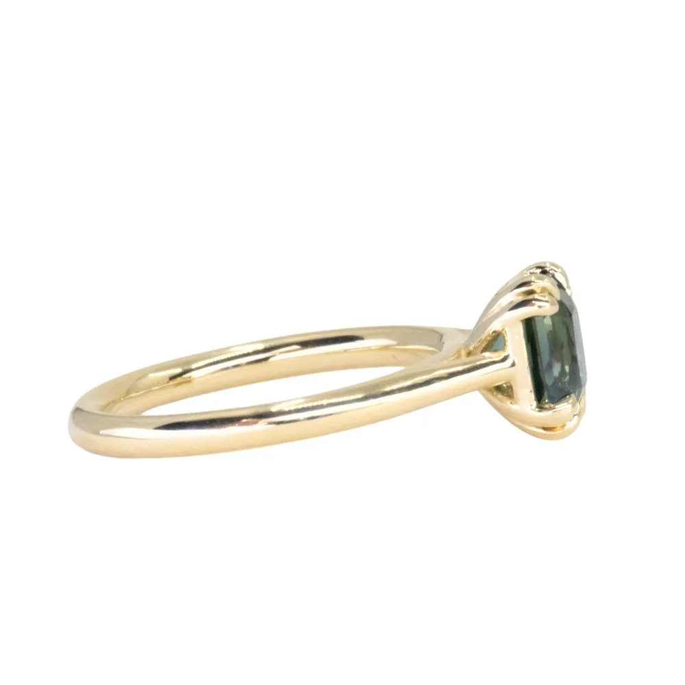 1.68ct Radiant Cut Ocean Blue Teal Sapphire Cathedral Double Prong Solitaire in 18k Yellow Gold