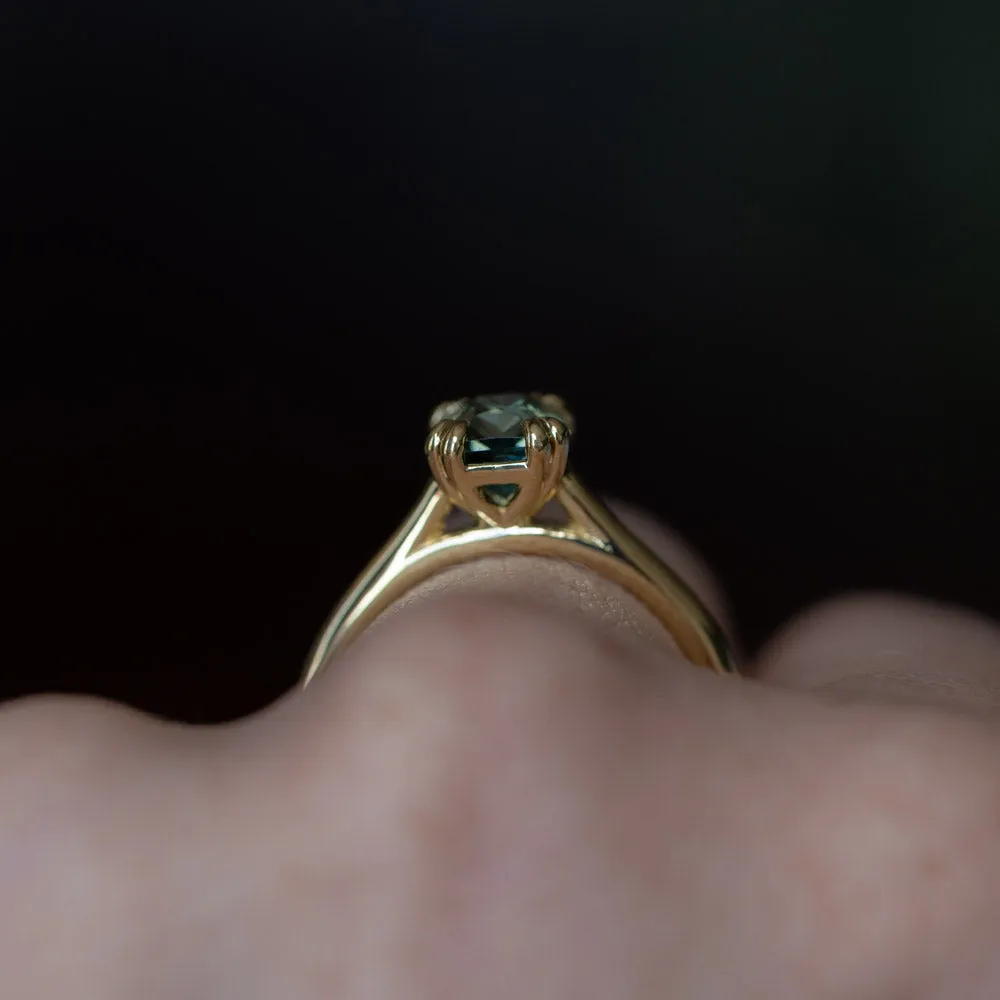 1.68ct Radiant Cut Ocean Blue Teal Sapphire Cathedral Double Prong Solitaire in 18k Yellow Gold
