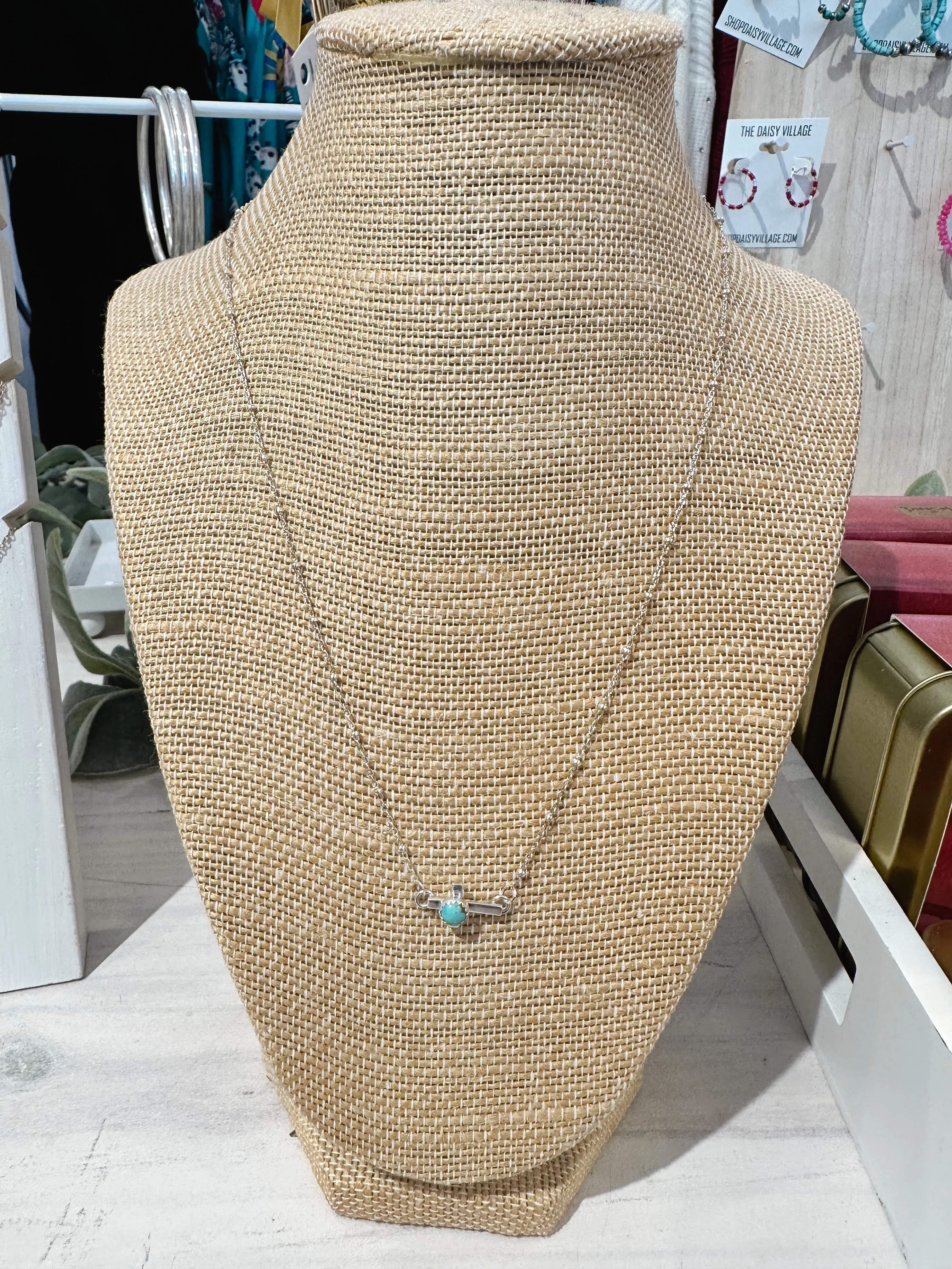 16" Kingman Turquoise Cross Sterling Silver Necklace