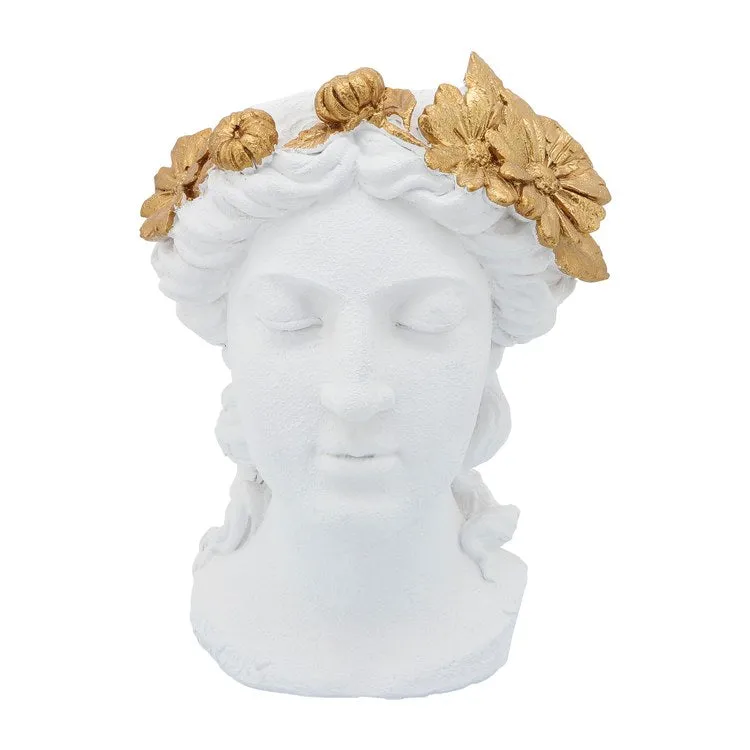 16" Polyresin Lady Head Planter with Daisies Diadem - White/Gold