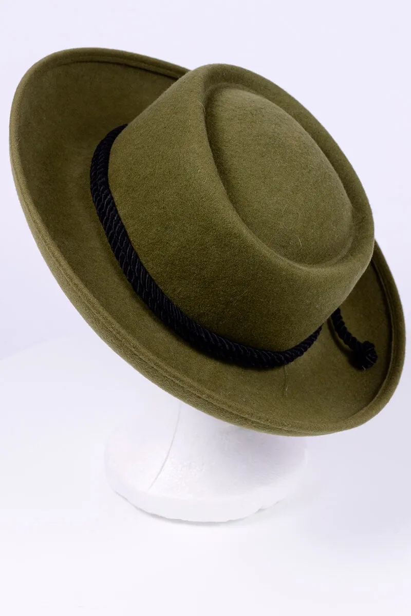 1990's Olive Green Felt Wool Structured Boater Gambler Hat