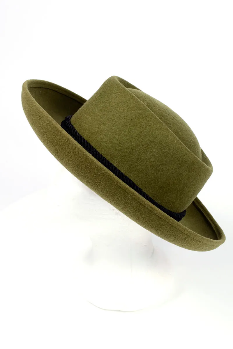 1990's Olive Green Felt Wool Structured Boater Gambler Hat