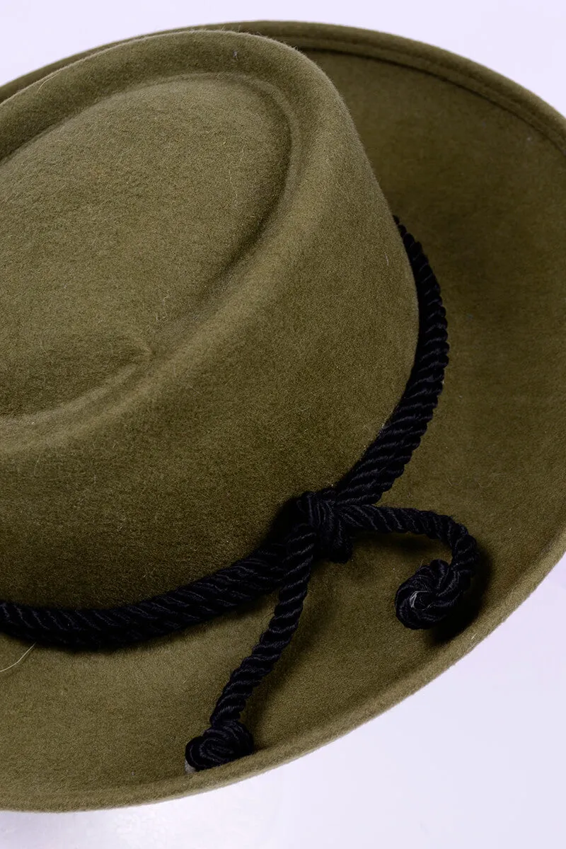 1990's Olive Green Felt Wool Structured Boater Gambler Hat