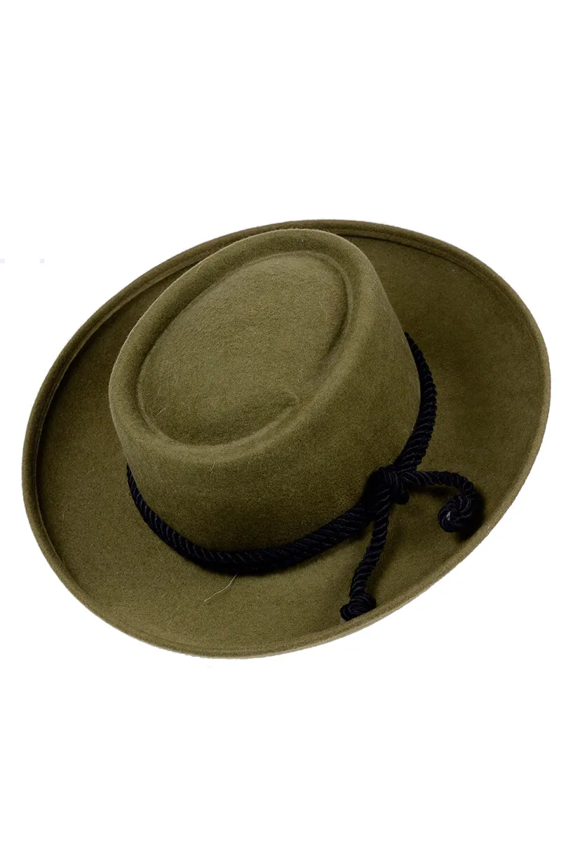 1990's Olive Green Felt Wool Structured Boater Gambler Hat