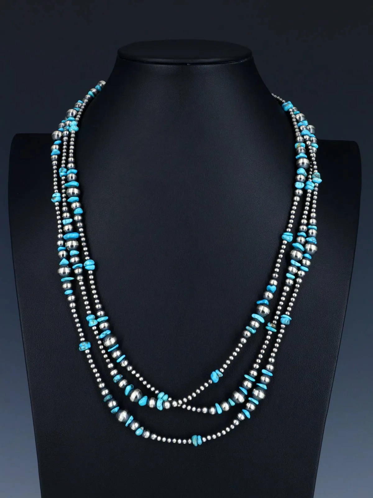 72" Native American Turquoise and Sterling Silver Beaded Necklace
