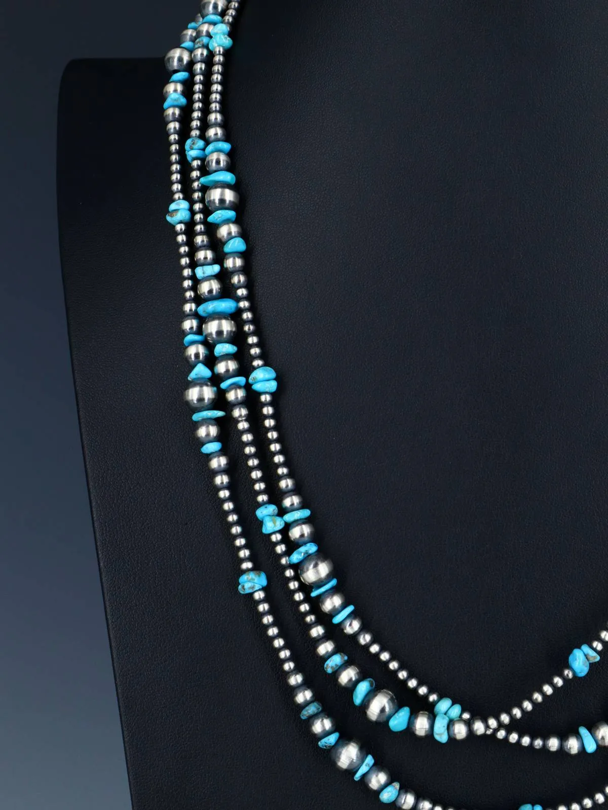 72" Native American Turquoise and Sterling Silver Beaded Necklace