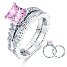 925 Sterling Silver Wedding Engagement Ring Set 1.5 Carat Princess 2-Pc Fancy Pink Simulated Diamond