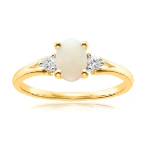 9ct Yellow Gold Oval Cut 7x5mm Opal & 0.10 Carat tw of Diamonds Ring