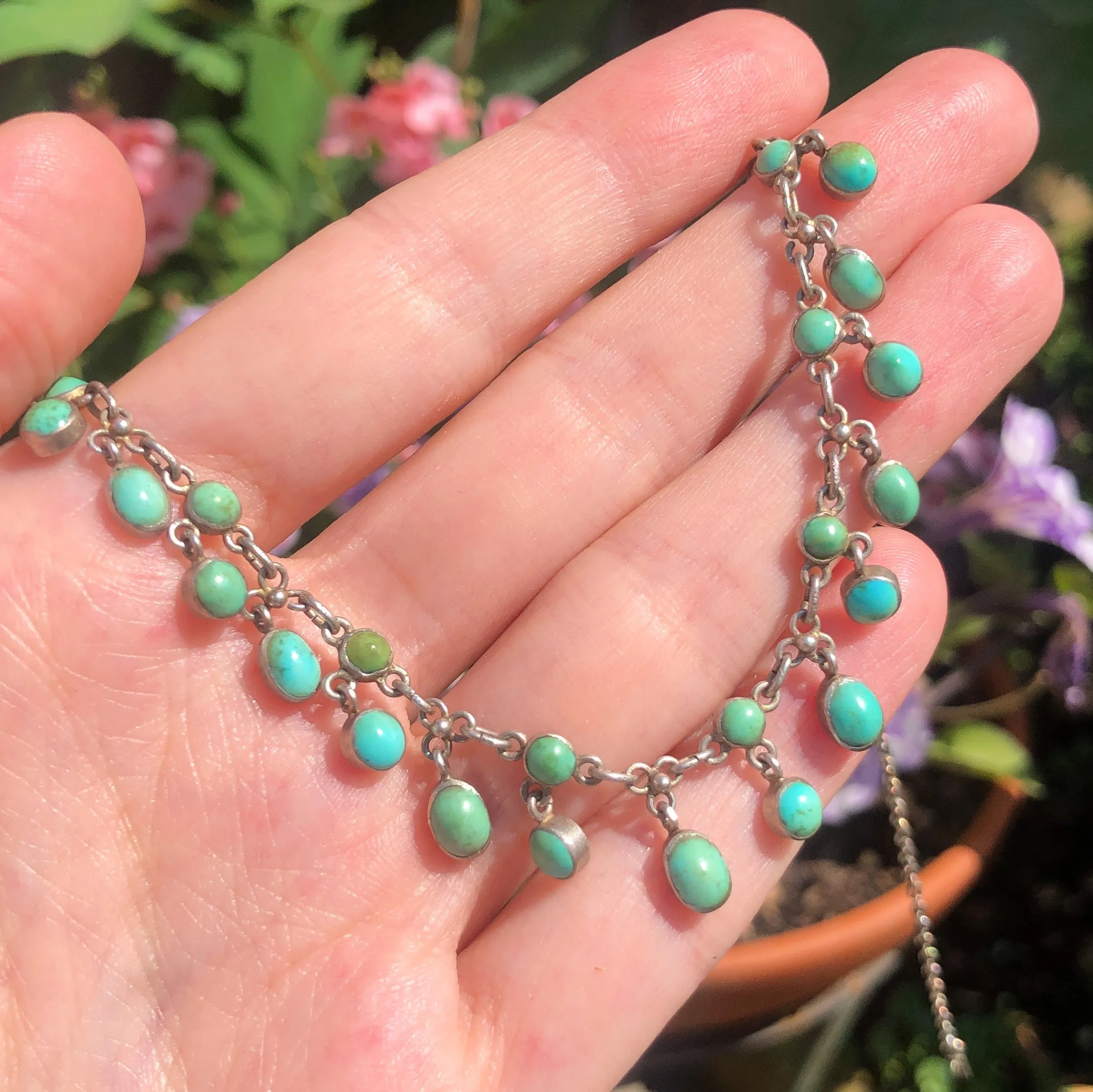 Antique Silver Bezel Set Turquoise Festoon Necklace