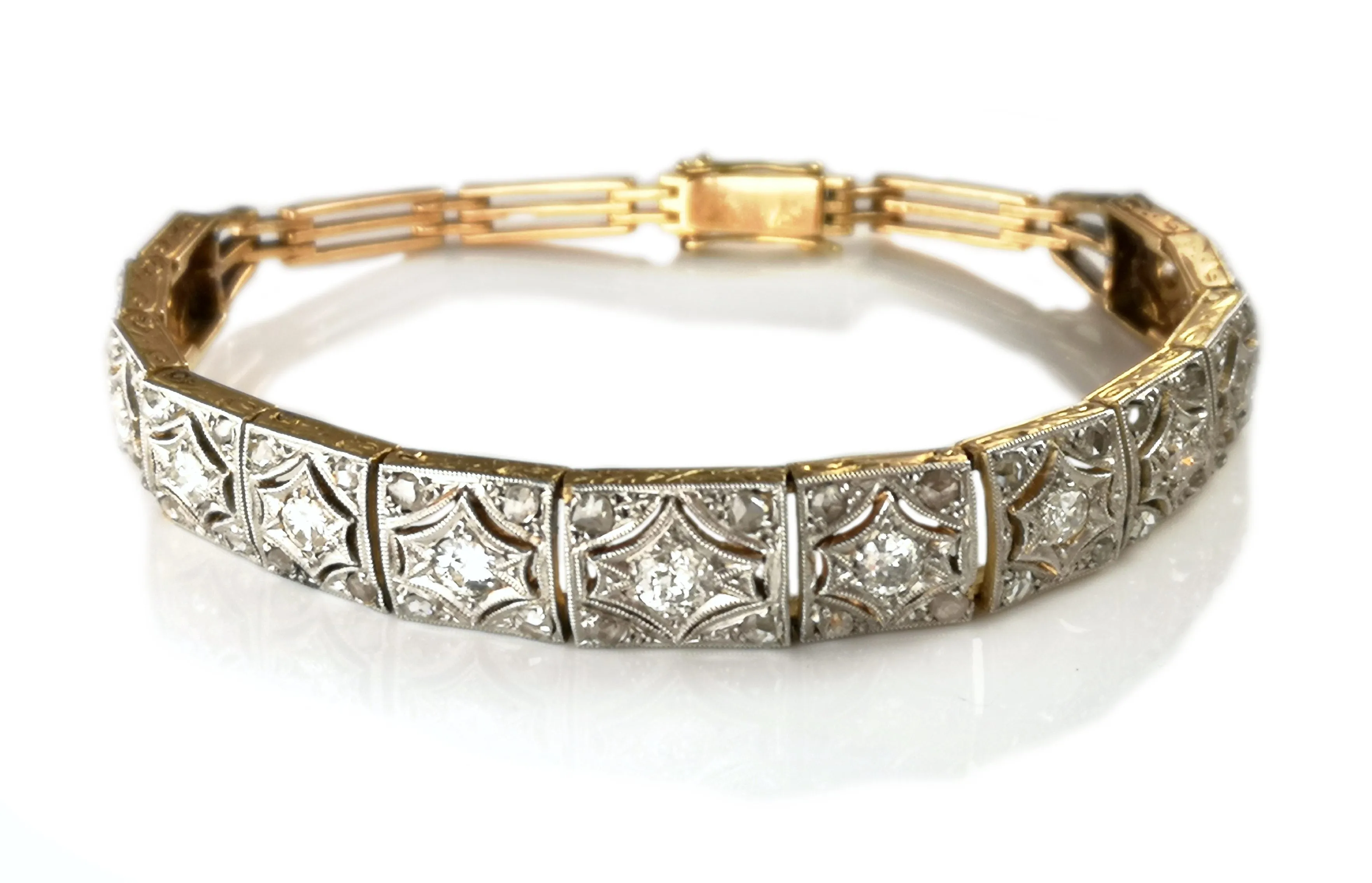 Art Deco Old Cut & Brilliant Diamond 14k Gold Platinum Bracelet