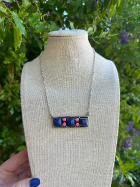 Beautiful Handmade Sterling Silver, Lapis & Hot Pink Fire Opal Bar Necklace