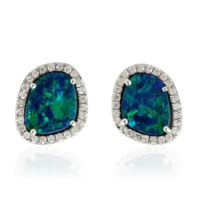 Beautiful Opal Doublet Diamond Gemstone Stud Earrings In 18k Gold Jewelry