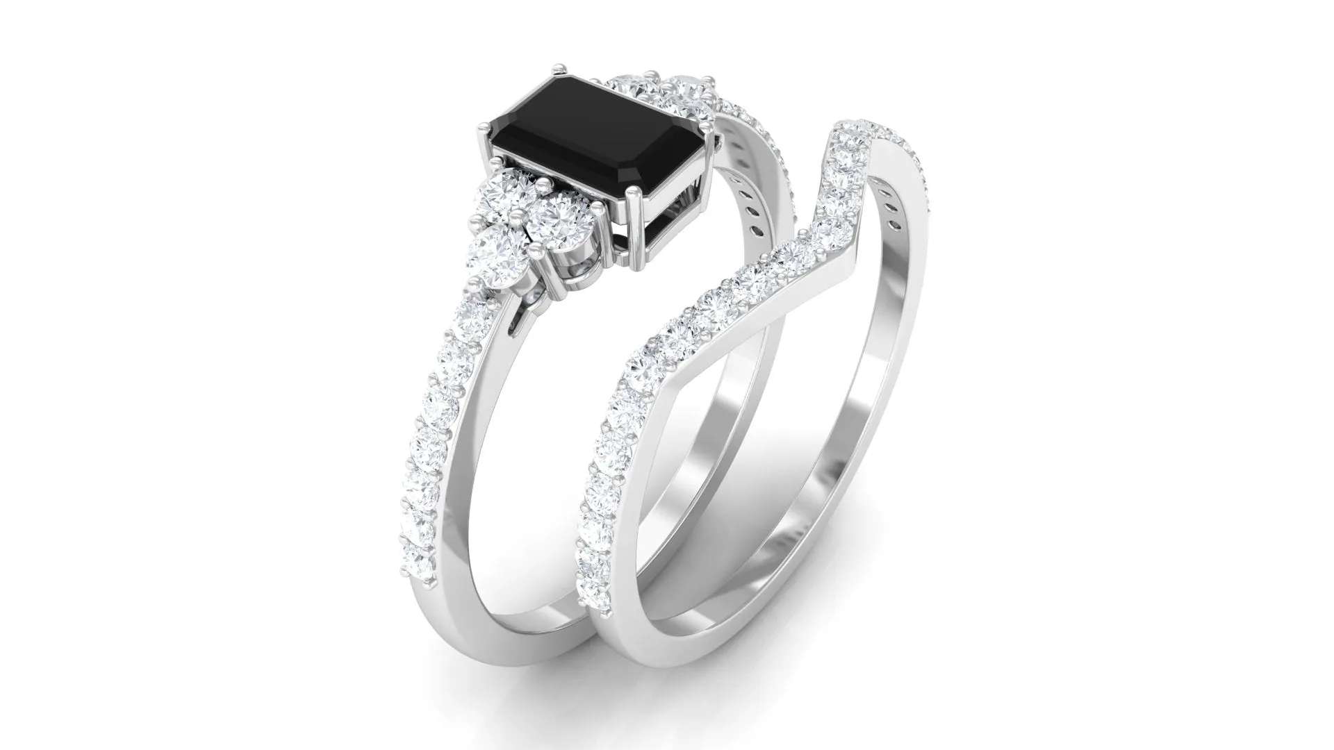 Black Spinel Stackable Ring Set with Diamond Stones