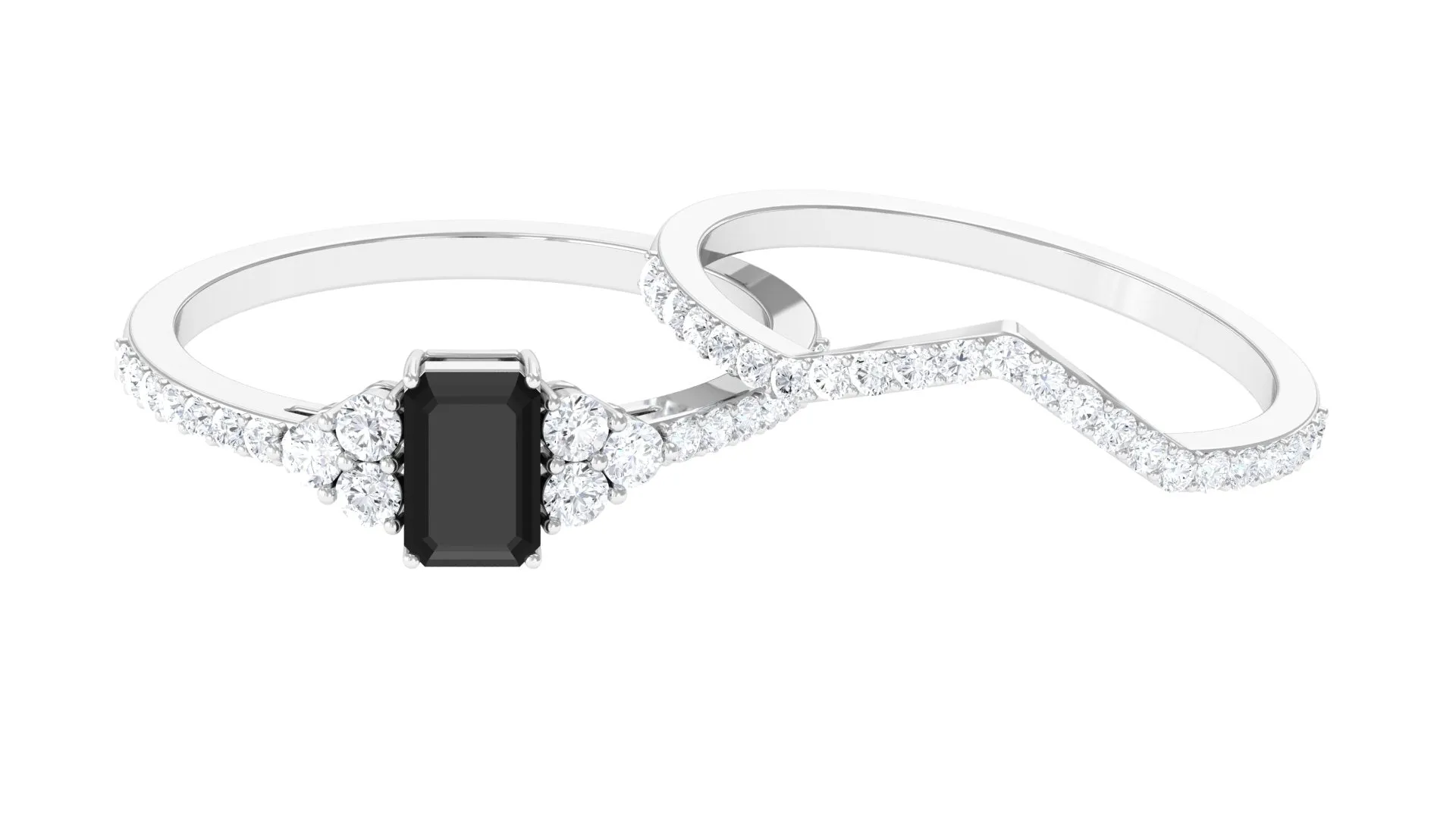 Black Spinel Stackable Ring Set with Diamond Stones