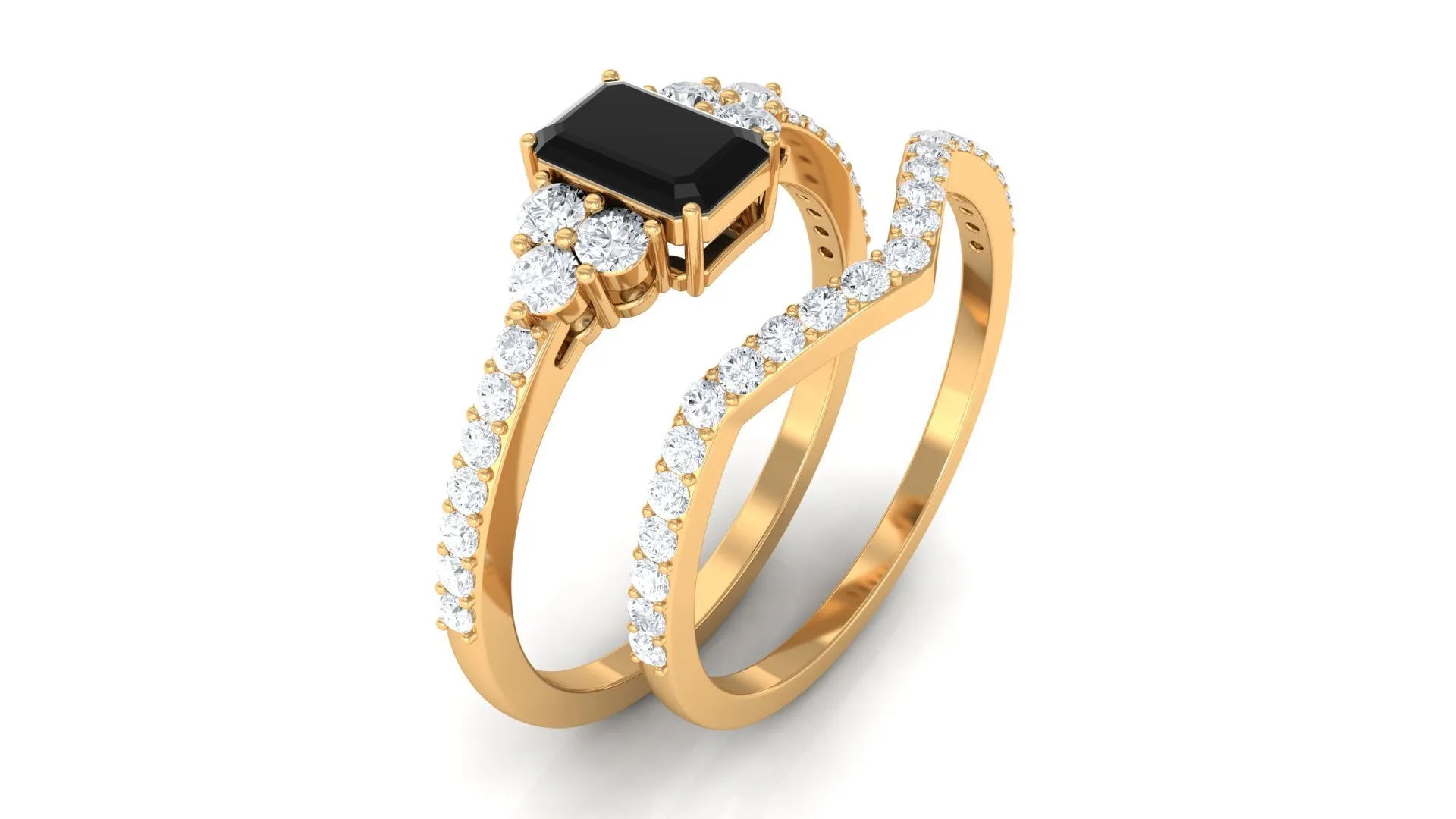 Black Spinel Stackable Ring Set with Diamond Stones