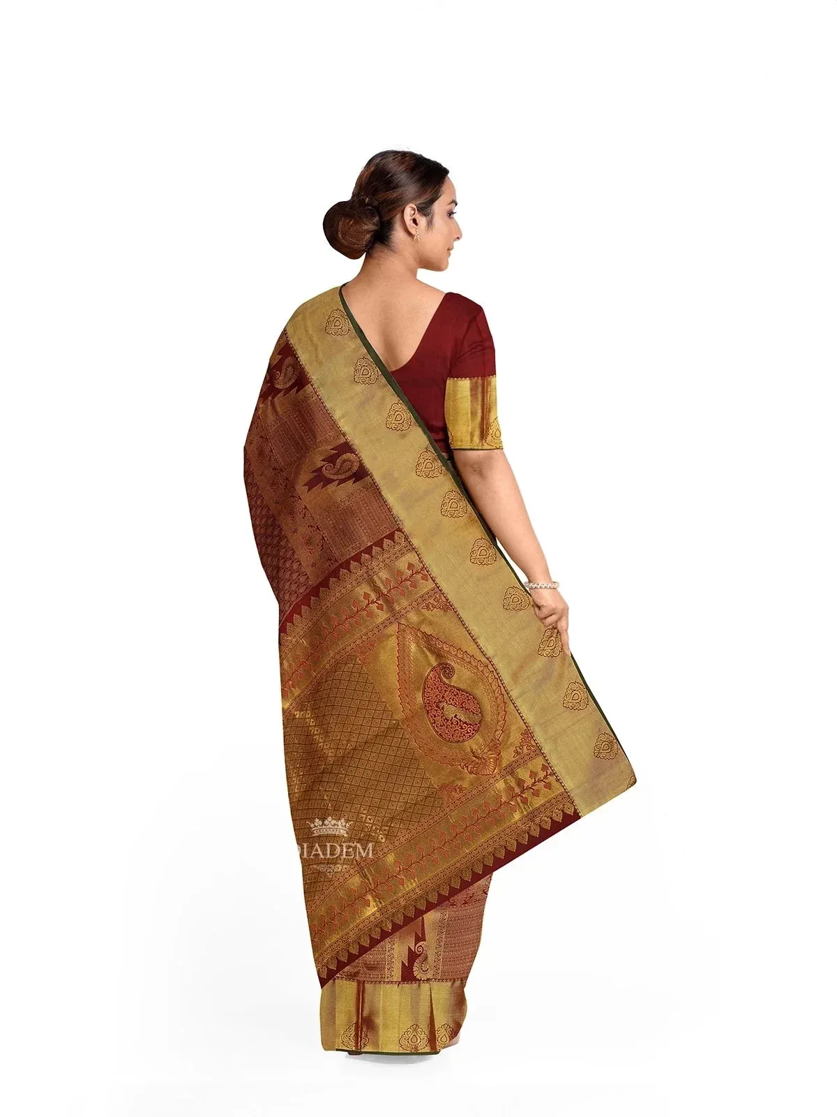 Brown Pure Kanchipuram (Bridal) Silk Saree with Paisley Motif on the body and Dense Zari Border