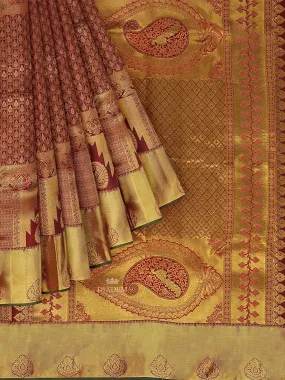 Brown Pure Kanchipuram (Bridal) Silk Saree with Paisley Motif on the body and Dense Zari Border