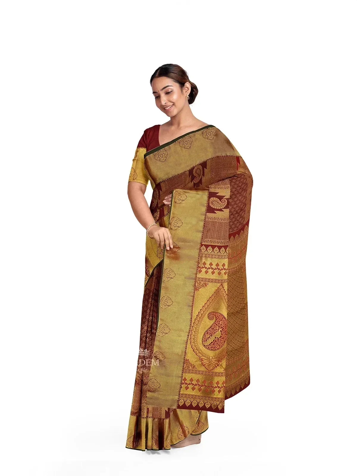 Brown Pure Kanchipuram (Bridal) Silk Saree with Paisley Motif on the body and Dense Zari Border