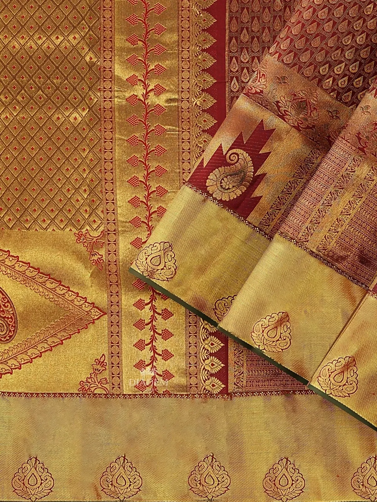 Brown Pure Kanchipuram (Bridal) Silk Saree with Paisley Motif on the body and Dense Zari Border