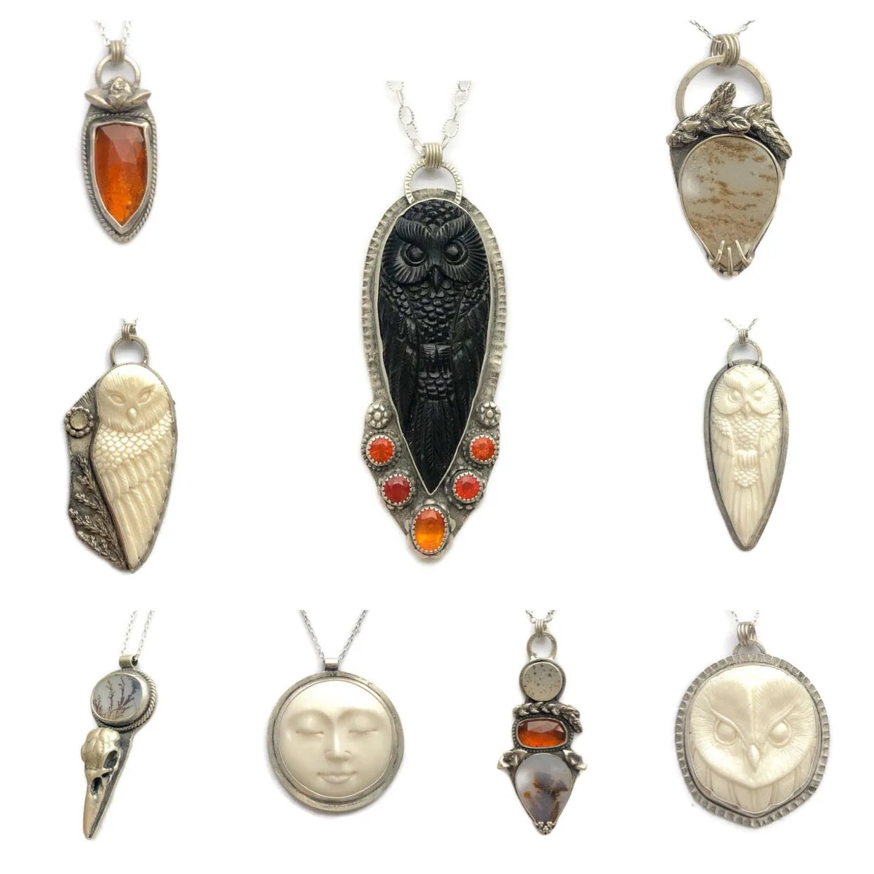 Carved Black Horn Owl & Fire Opal Necklace
