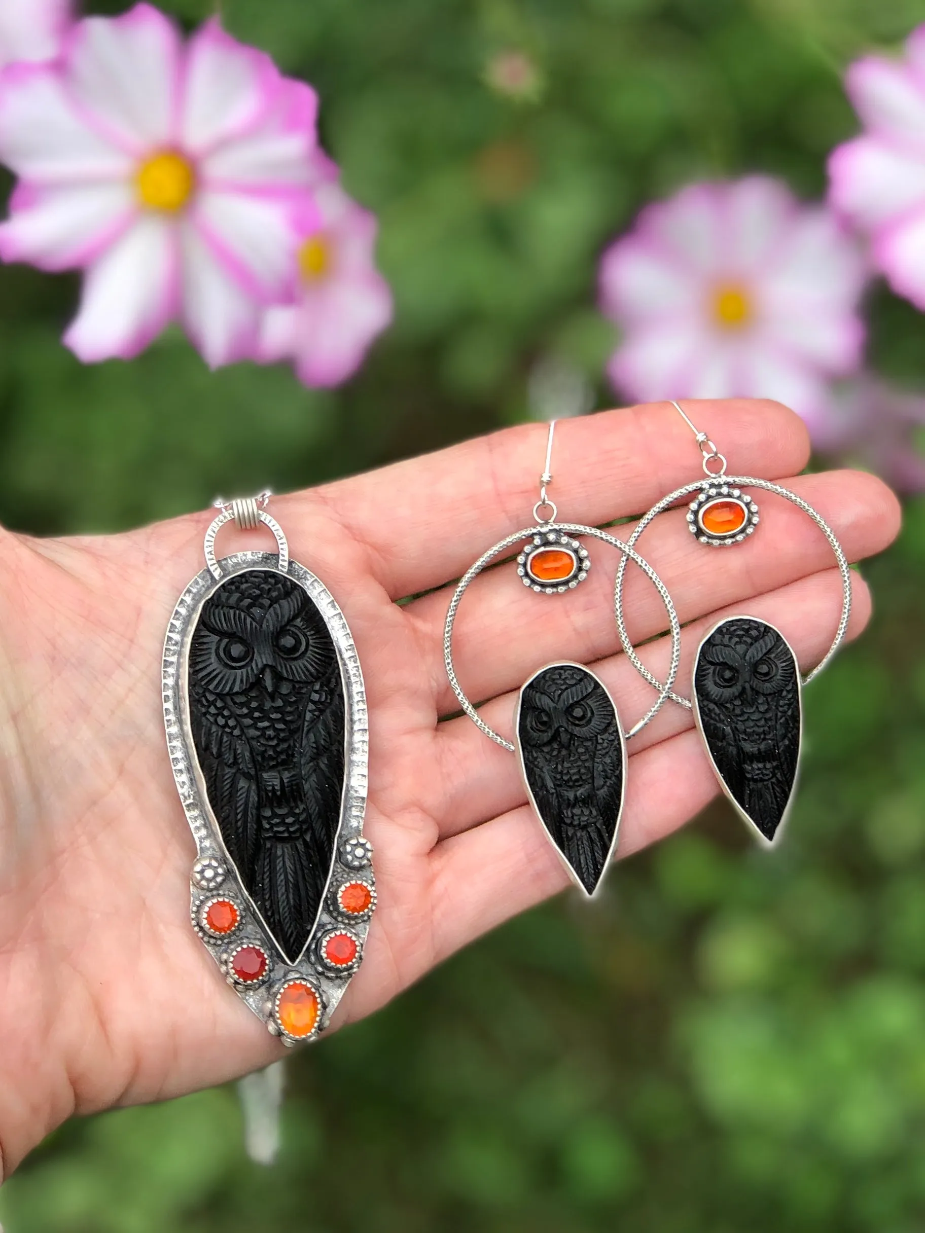 Carved Black Horn Owl & Fire Opal Necklace