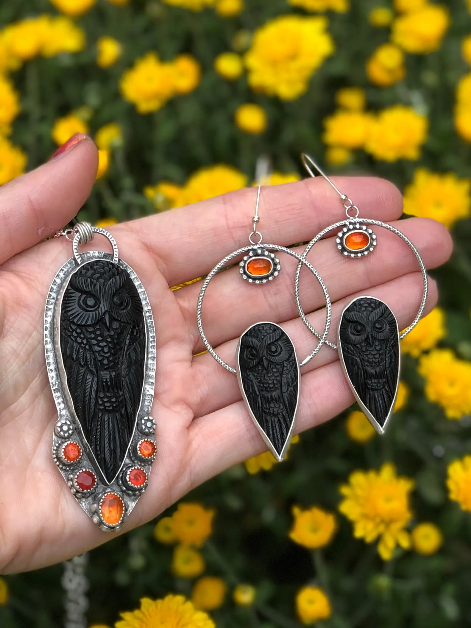 Carved Black Horn Owl & Fire Opal Necklace